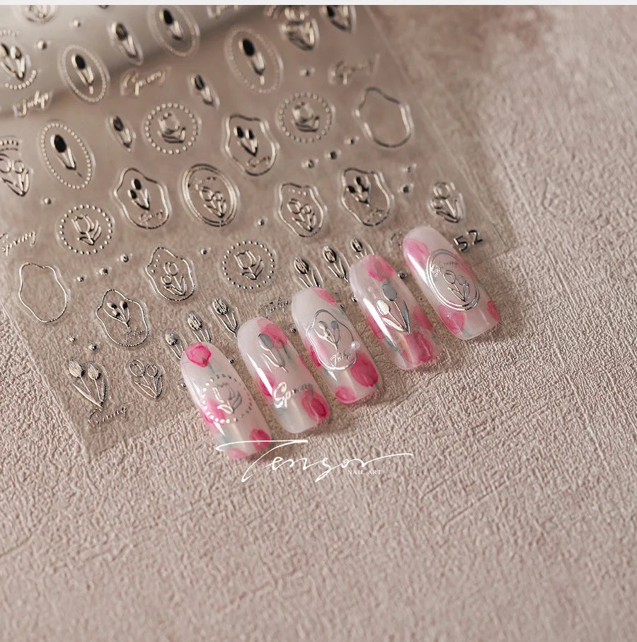 Autumn Nail Art Stickers With White Flowers And Gradient Shine For Fall Nail Ideas