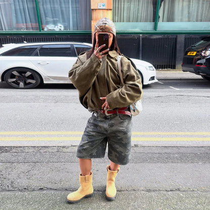 Fall Outfit Inspiration Green Short Jacket With Zipper And Lapel Style