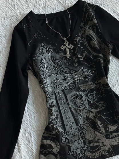 Y2k Sweatshirt Outfit Inspiration With Full Print Punk Style Long Sleeve Top For Women