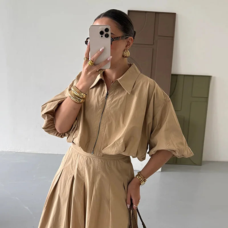 Fall Outfits Casual Pleated Skirt And Zipper Lapel Top Two Piece Outfit - Elegant Autumn Outfit Inspiration Pleated Long Skirt And Lantern Sleeve Top Set