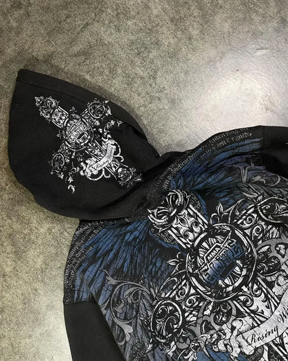 Y2K Grunge Zip Hoodie With Vintage Print For 2025 Fall Outfits Aesthetic