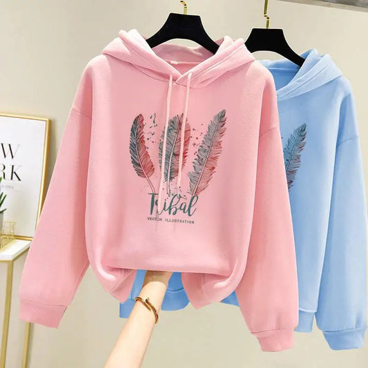 Feather Print Velvet Hoodie For Cozy 2025 Fall Outfits Aesthetic