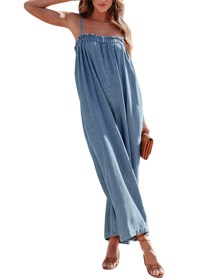 Solid Color Long Romper For Women Featuring Strappy Top And Relaxed Summer Style