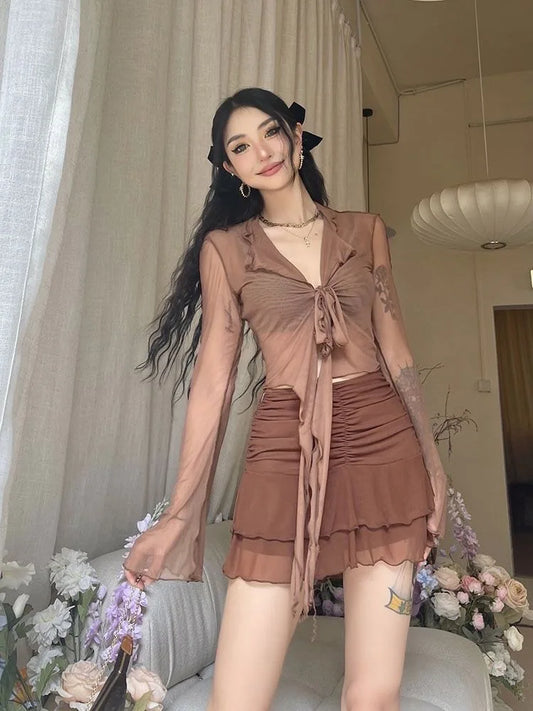 Soft Girl Vibes Sheer Flare Sleeve Blouse With Korean Fashion Lace-Up Charm
