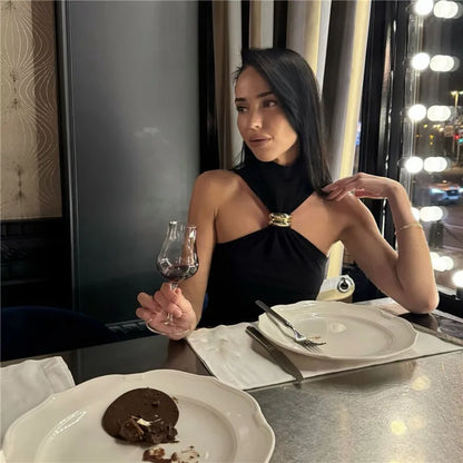Y2K Turtleneck Knit Crop Tank Top for Women with Metal Ring Detail Sleeveless Ribbed Pullover Camisole Skinny Fit Streetwear Style 2025 Fashion