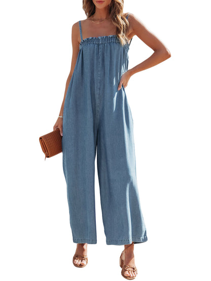 Solid Color Long Romper For Women Featuring Strappy Top And Relaxed Summer Style