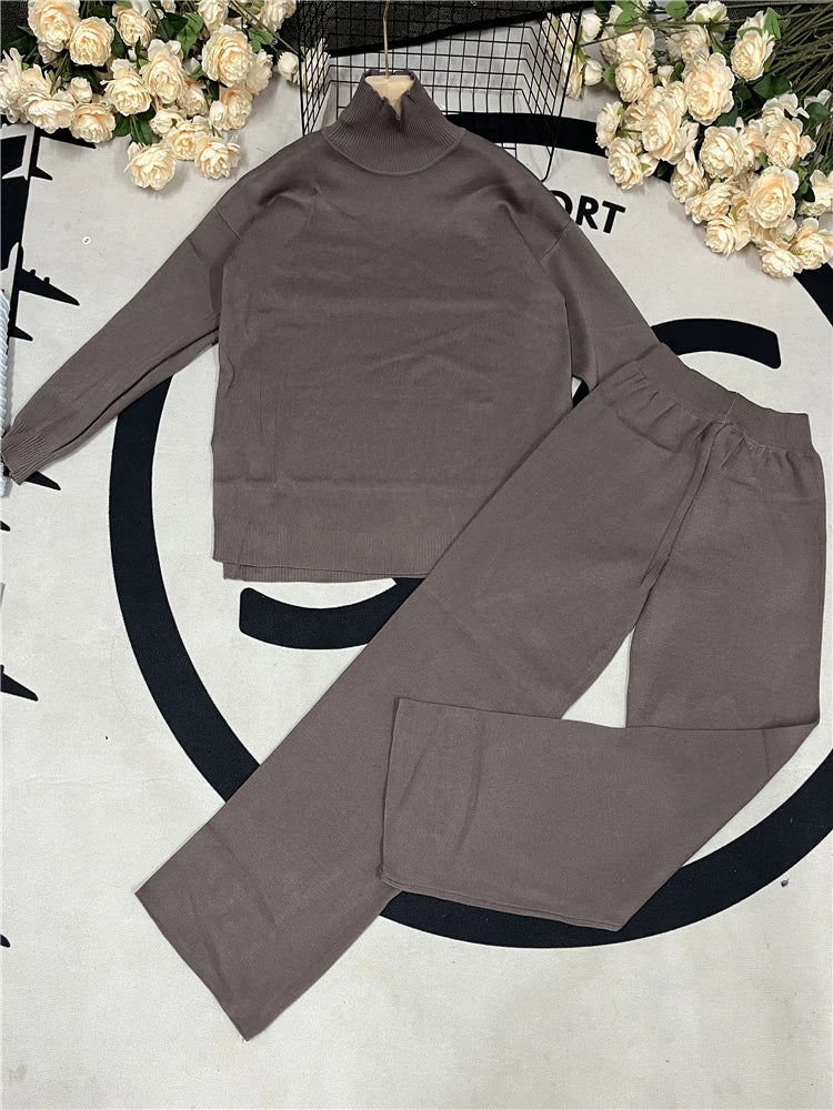 Fall Outfits Casual Knitted 2 Piece Outfit For Women Warm Turtleneck Sweater And Pants Set