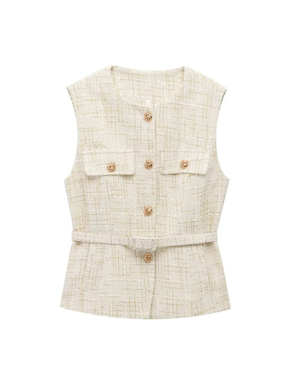 Sleeveless Tweed Waistcoat With Button Front For Trendy Outfit Ideas