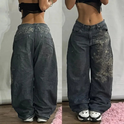 Hip-Hop Style Washed Wide Leg Jeans With Harajuku Gothic Edge And Streetwear Appeal