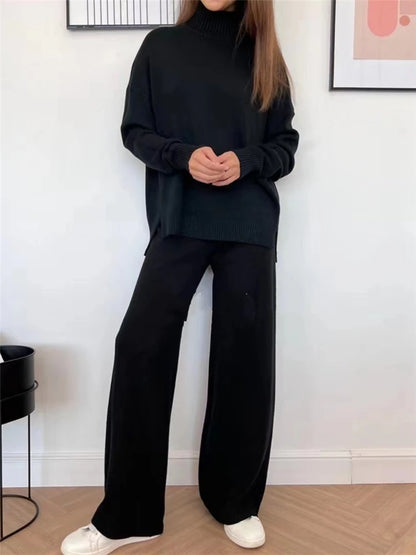 Fall Outfits Casual Knitted 2 Piece Outfit For Women Warm Turtleneck Sweater And Pants Set