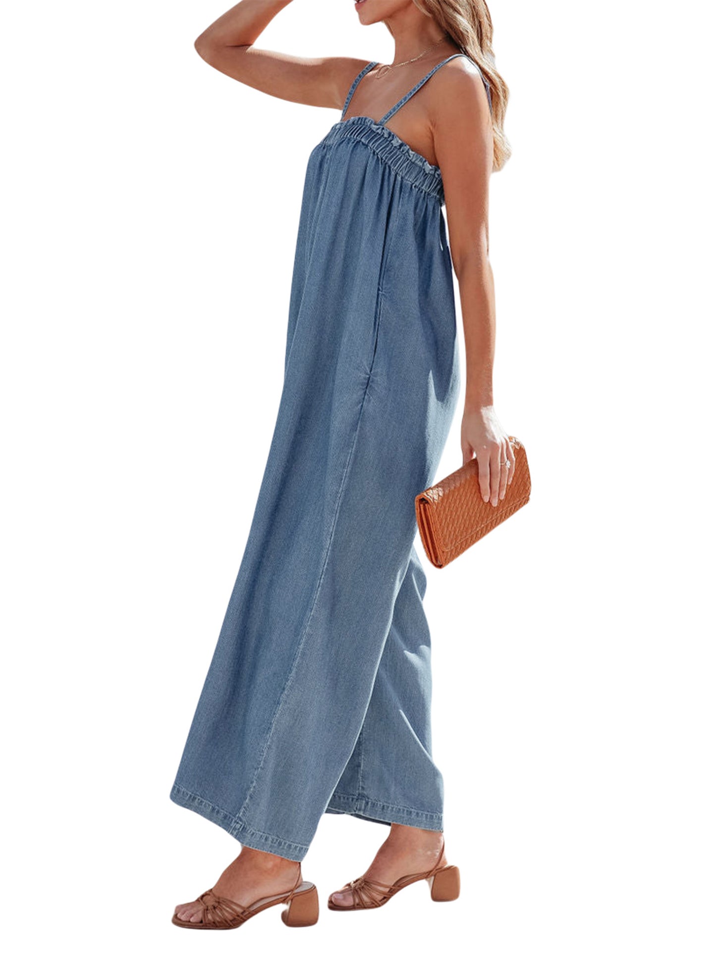Solid Color Long Romper For Women Featuring Strappy Top And Relaxed Summer Style
