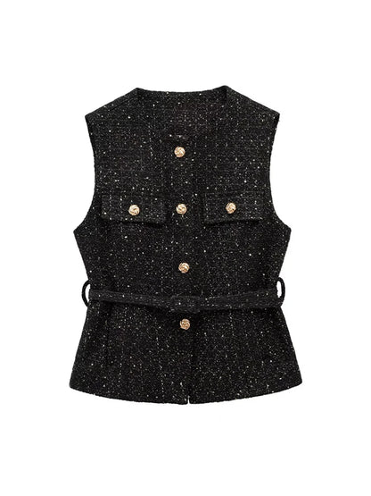 Sleeveless Tweed Waistcoat With Button Front For Trendy Outfit Ideas