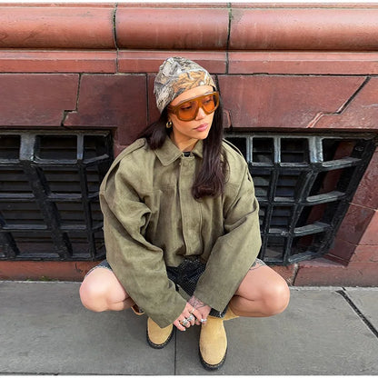 Fall Outfit Inspiration Green Short Jacket With Zipper And Lapel Style