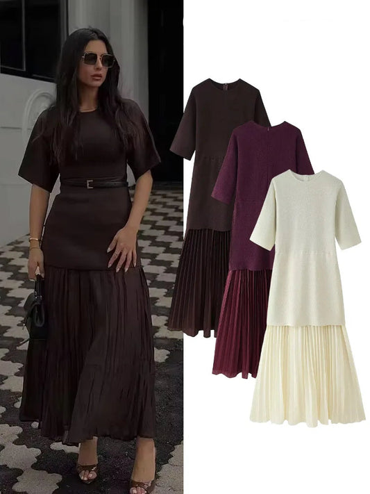 Spring Dress Outfit With Pleated Skirt And Half Sleeves For Vintage Casual Looks