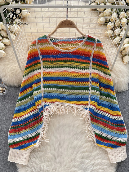 Tassel Knit Hollow Blouse For Women 2025 Fall Outfits Aesthetic