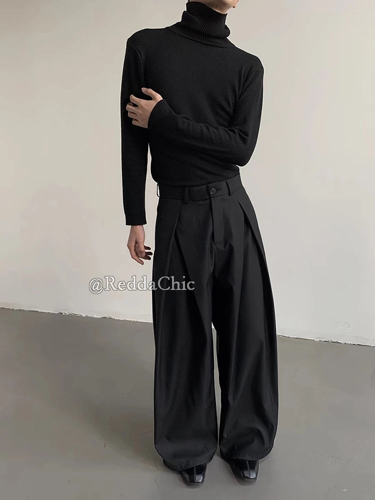 Cleanfit 2025 Minimalist Black Pleated Front Wide Leg Trousers with Low Waist Design for Unisex Office to Streetwear Core Style