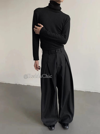 Cleanfit 2025 Minimalist Black Pleated Front Wide Leg Trousers with Low Waist Design for Unisex Office to Streetwear Core Style