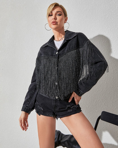 Women's Oversized Boyfriend Denim Jacket – Distressed Long Sleeve Fringe Coat, Vintage Cropped Jean Jacket for Layering, 90s Grunge Aesthetic, Plus Size Friendly