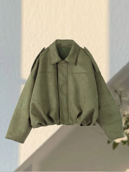Fall Outfit Inspiration Green Short Jacket With Zipper And Lapel Style