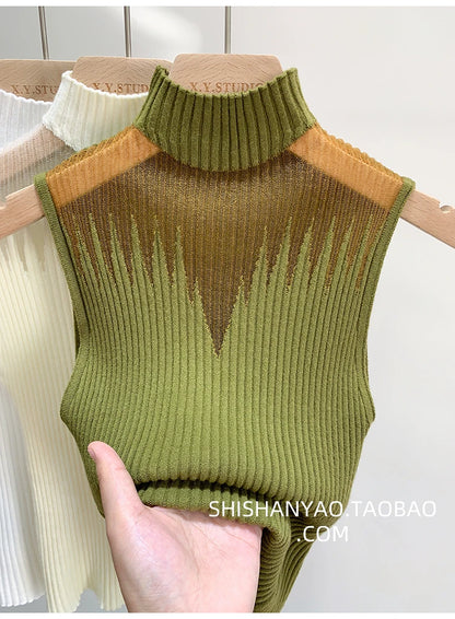 Y2K Mesh Knit Cut Out Tank Top for Women Sleeveless Half Neck Slim Fit Summer Streetwear Aesthetic Retro Sweater Vest 2025 Trend