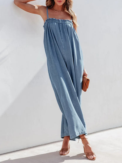 Solid Color Long Romper For Women Featuring Strappy Top And Relaxed Summer Style