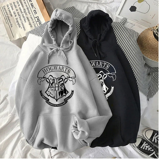 Y2K Fashion Hogwarts Printed Hoodie - Women's Oversized Fleece Sweatshirt, Autumn Winter Velvet Loose Long Sleeve Casual Top