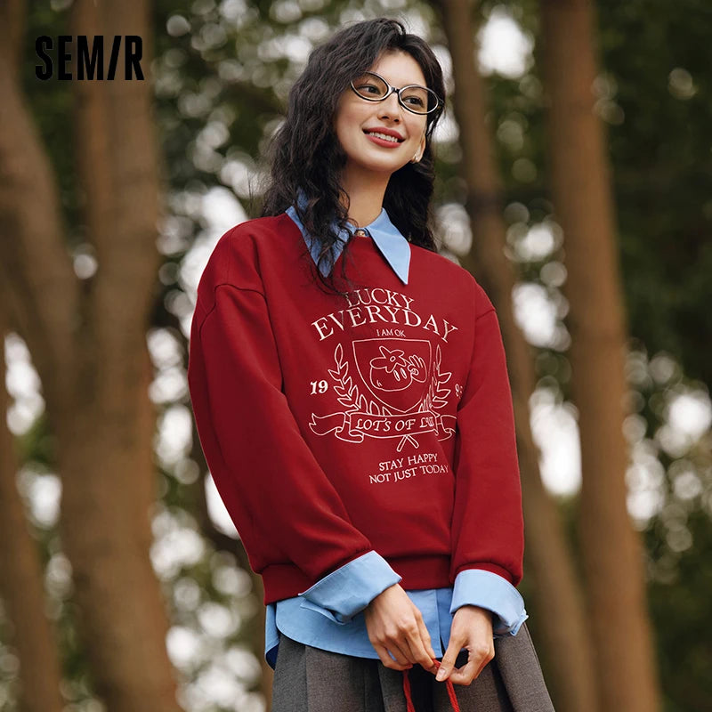 2025 Spring Embroidered Oversized Hoodie for Women Loose Fit Drop Shoulder Aesthetic Casual Pullover Sweatshirt Round Neck