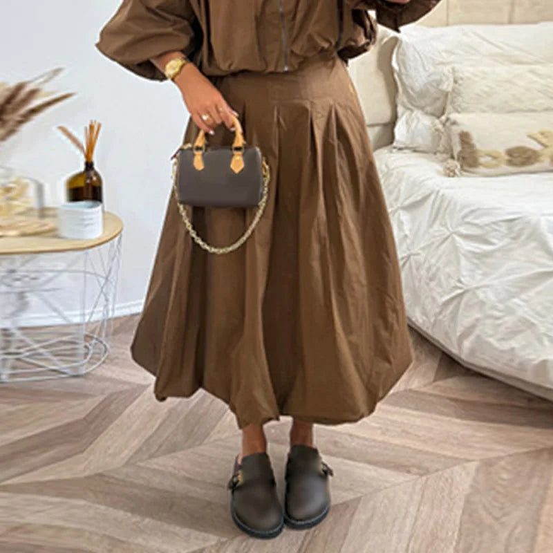 Fall Outfits Casual Pleated Skirt And Zipper Lapel Top Two Piece Outfit - Elegant Autumn Outfit Inspiration Pleated Long Skirt And Lantern Sleeve Top Set