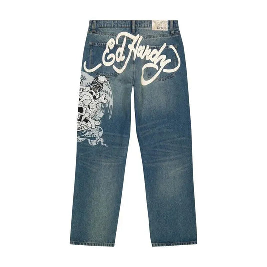 Y2K Streetwear Baggy Blue Jeans With Skull Print And Wide Leg Punk Vibe