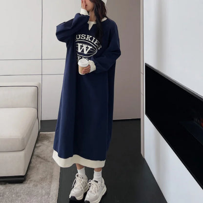Fall Outfit Idea With Fleece Long Dress And Casual Print For Cozy Looks