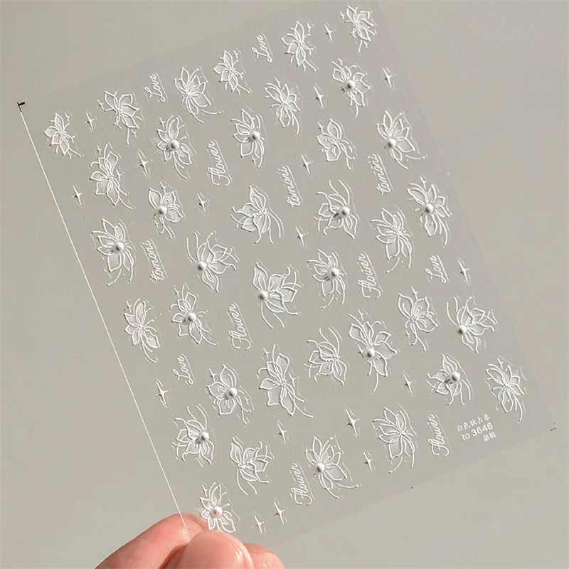 Autumn Nail Art Stickers With White Flowers And Gradient Shine For Fall Nail Ideas