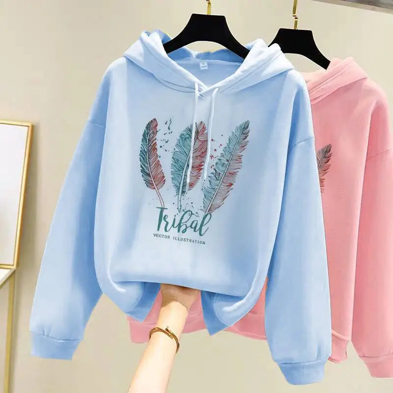 Feather Print Velvet Hoodie For Cozy 2025 Fall Outfits Aesthetic
