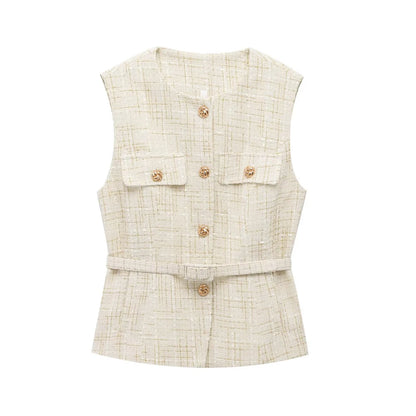 Sleeveless Tweed Waistcoat With Button Front For Trendy Outfit Ideas