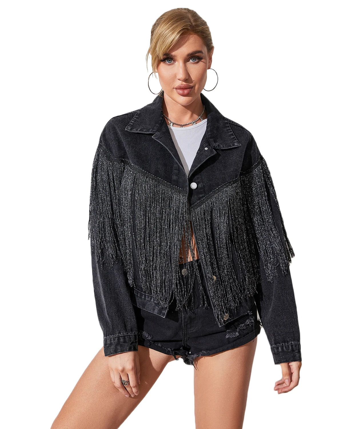Women's Oversized Boyfriend Denim Jacket – Distressed Long Sleeve Fringe Coat, Vintage Cropped Jean Jacket for Layering, 90s Grunge Aesthetic, Plus Size Friendly
