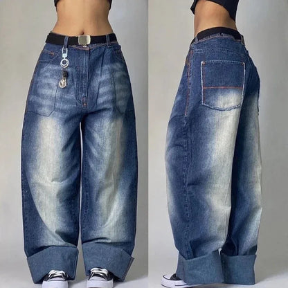 Hip-Hop Style Washed Wide Leg Jeans With Harajuku Gothic Edge And Streetwear Appeal
