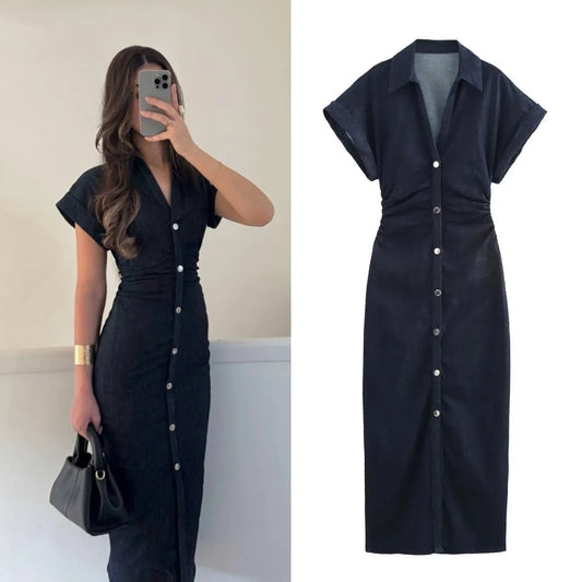 Denim Dress With Zipper And Lapel For Spring Fashion Outfits Casual