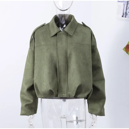 Fall Outfit Inspiration Green Short Jacket With Zipper And Lapel Style