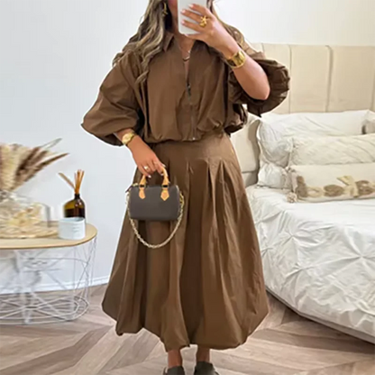 Fall Outfits Casual Pleated Skirt And Zipper Lapel Top Two Piece Outfit - Elegant Autumn Outfit Inspiration Pleated Long Skirt And Lantern Sleeve Top Set
