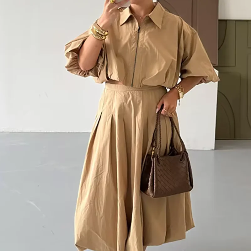 Fall Outfits Casual Pleated Skirt And Zipper Lapel Top Two Piece Outfit - Elegant Autumn Outfit Inspiration Pleated Long Skirt And Lantern Sleeve Top Set