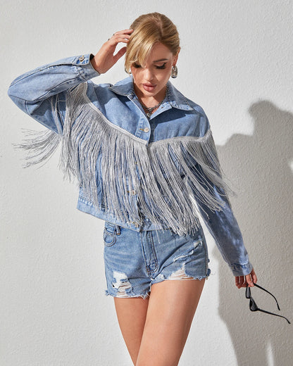 Women's Oversized Boyfriend Denim Jacket – Distressed Long Sleeve Fringe Coat, Vintage Cropped Jean Jacket for Layering, 90s Grunge Aesthetic, Plus Size Friendly