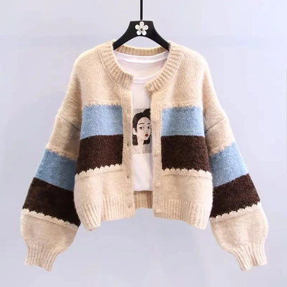 Boho-Chic Multicolor Knit Cardigan with Dramatic Lantern Sleeves for Fall