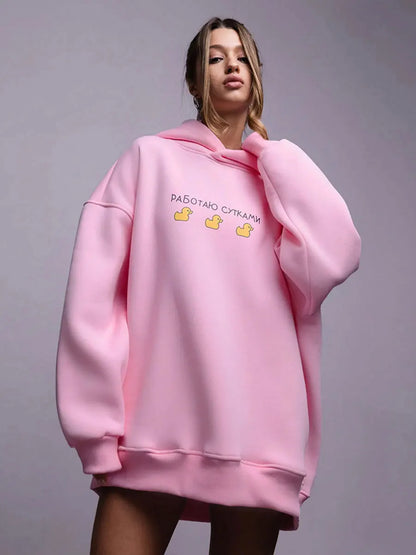 Oversized Duck Print Hoodie With Fleece For Cozy 2025 Fall Outfits Style