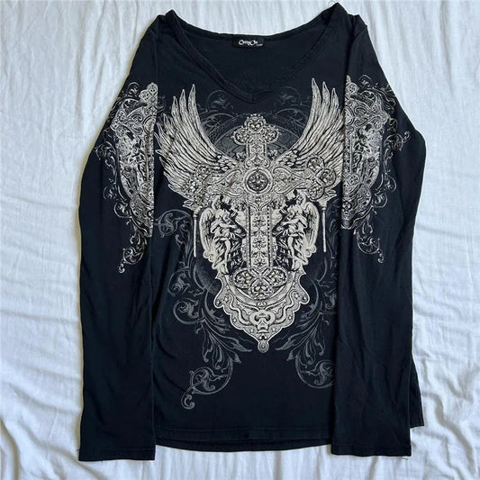 Y2K Vintage Graphic Crop Top - Grunge Long Sleeve Egirl Tee