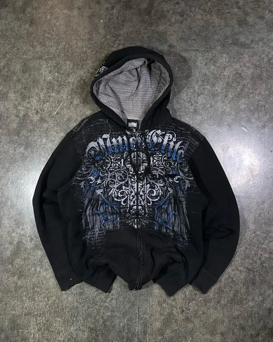 Y2K Grunge Zip Hoodie With Vintage Print For 2025 Fall Outfits Aesthetic