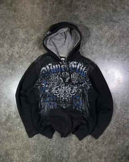 Y2K Grunge Zip Hoodie With Vintage Print For 2025 Fall Outfits Aesthetic