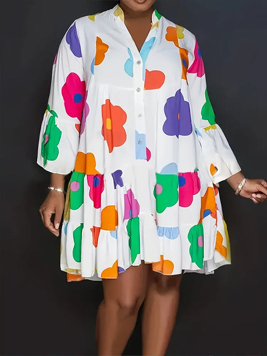 Plus Size Casual Pleated Floral Dress