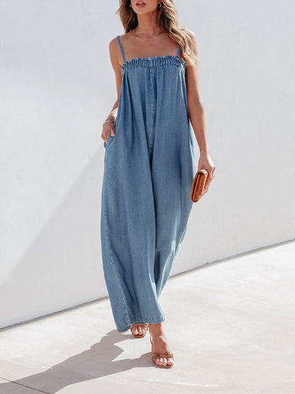 Solid Color Long Romper For Women Featuring Strappy Top And Relaxed Summer Style