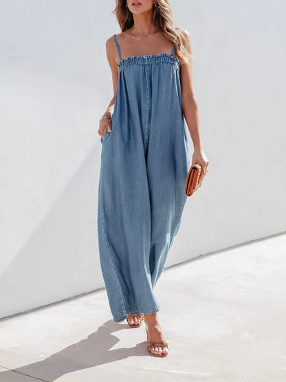 Solid Color Long Romper For Women Featuring Strappy Top And Relaxed Summer Style