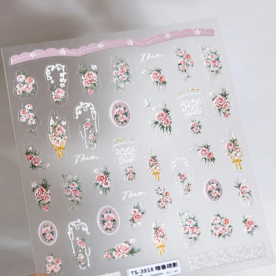 Autumn Nail Art Stickers With White Flowers And Gradient Shine For Fall Nail Ideas
