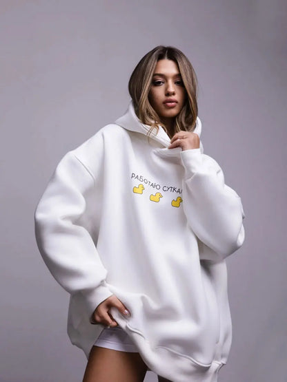 Oversized Duck Print Hoodie With Fleece For Cozy 2025 Fall Outfits Style